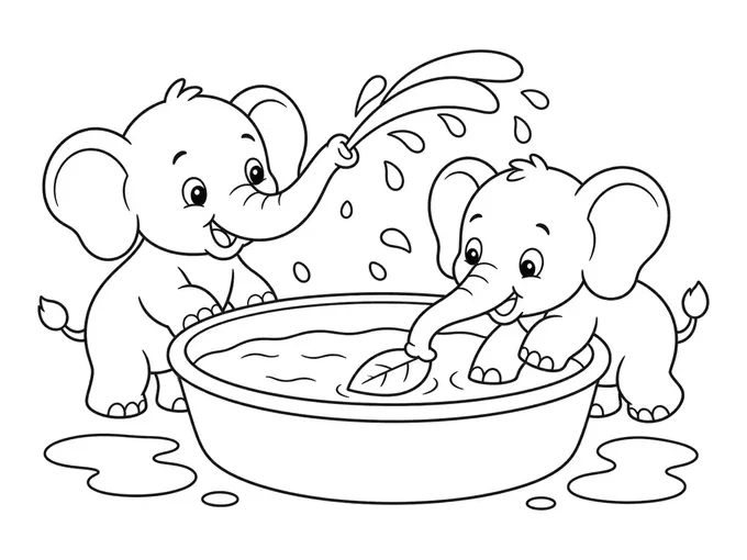 Baby elephants splashing coloring page