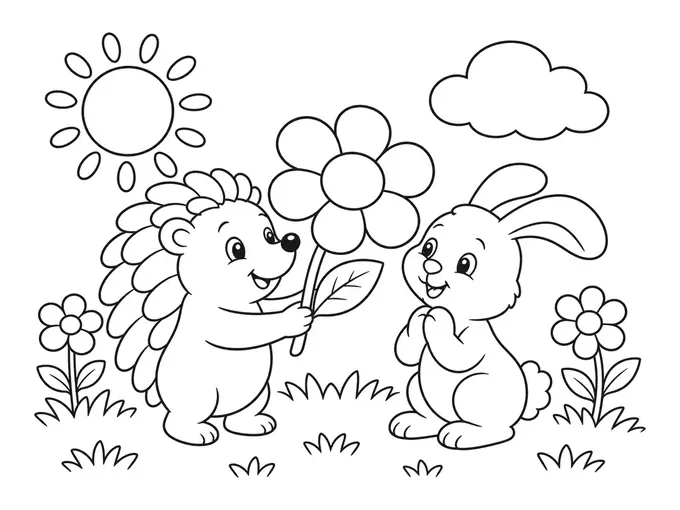 Hedgehog giving a bunny a flower coloring page