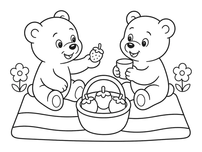 Two bear cubs sharing a picnic coloring page