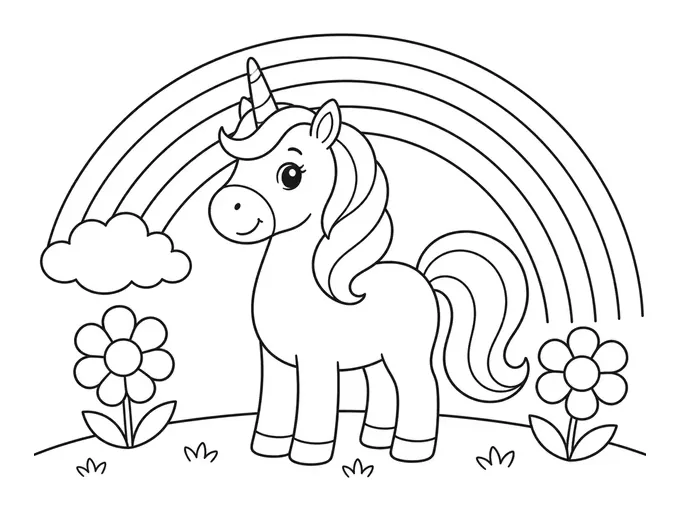 Unicorn under a rainbow coloring page
