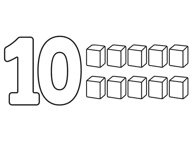 Count 10 Blocks black-and-white printable coloring page for Preschool, ten large blocks with a clear two-digit counting numeral