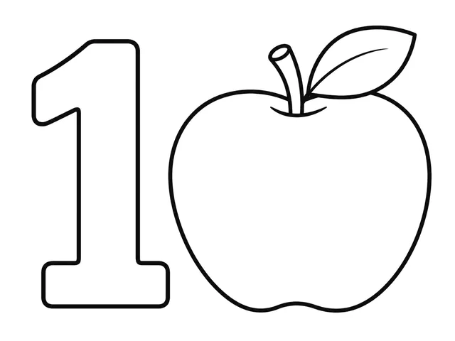 Count 1 Apple black-and-white printable coloring page for Toddler, single large apple with a clear counting numeral