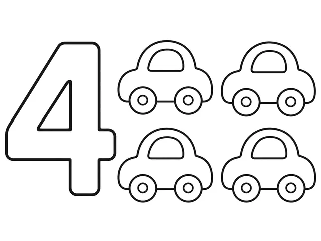 Count 4 Cars black-and-white printable coloring page for Toddler, four simple cars with a clear counting numeral