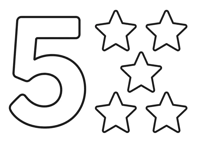 Count 5 Stars black-and-white printable coloring page for Toddler, five large stars with a clear counting numeral