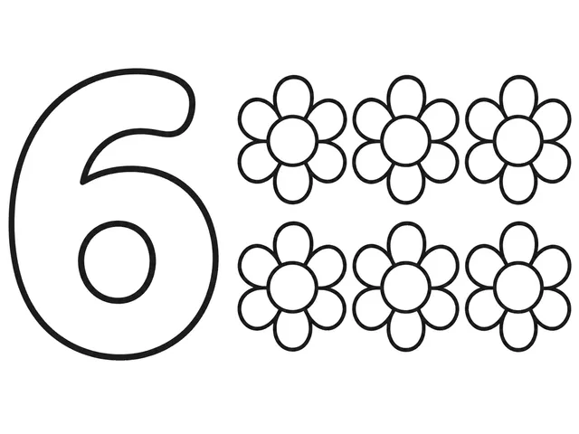 Count 6 Flowers black-and-white printable coloring page for Preschool, six simple flowers with a clear counting numeral