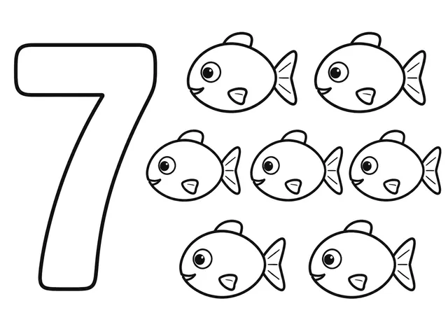 Count 7 Fish black-and-white printable coloring page for Preschool, seven friendly fish with a clear counting numeral