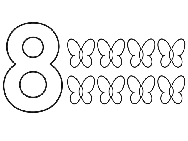 Count 8 Butterflies black-and-white printable coloring page for Preschool, eight friendly butterflies with a clear counting numeral