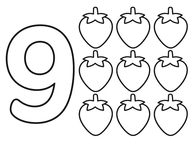 Count 9 Strawberries black-and-white printable coloring page for Preschool, nine large strawberries with a clear counting numeral