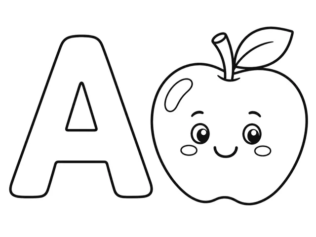 A for Apple black-and-white printable coloring page for Toddler, simple letter-word page with a broad apple and clear A
