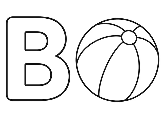 B for Ball black-and-white printable coloring page for Toddler, simple letter-word page with a round ball and clear B
