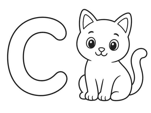 C for Cat black-and-white printable coloring page for Toddler, friendly letter-word page with a simple cat and clear C