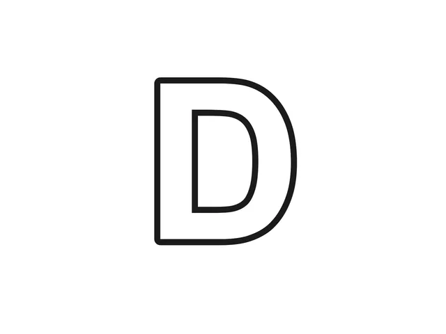 Letter D black-and-white printable coloring page for Toddler, bold classroom letter with a broad rounded side