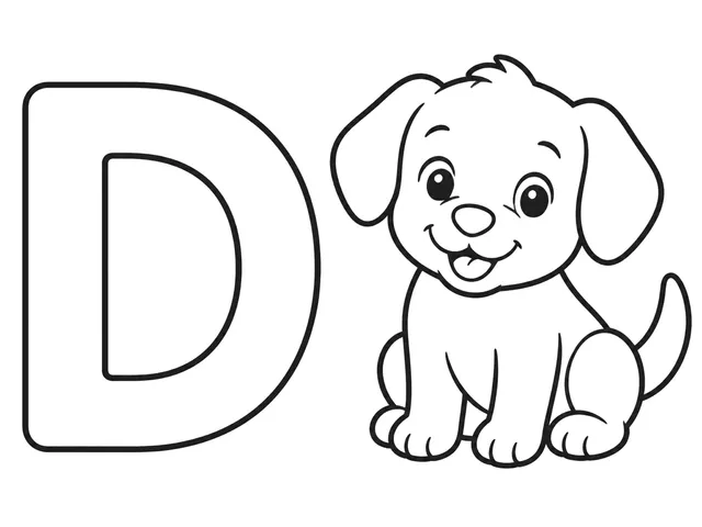 D for Dog black-and-white printable coloring page for Toddler, friendly letter-word page with a simple dog and clear D
