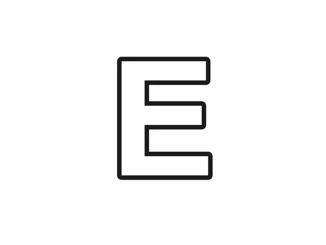 Letter E black-and-white printable coloring page for Toddler, bold letter with three broad arms and open classroom shapes