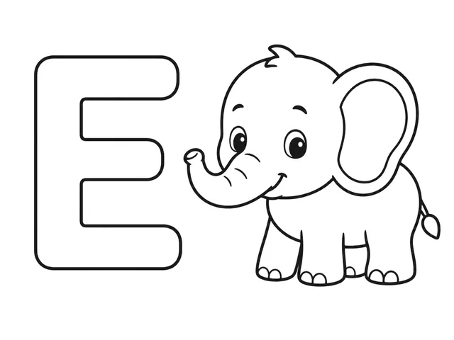 E for Elephant black-and-white printable coloring page for Toddler, friendly letter-word page with a simple elephant and clear E