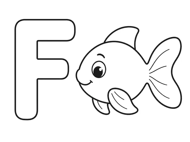F for Fish black-and-white printable coloring page for Toddler, friendly letter-word page with a simple fish and clear F