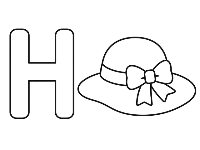 H for Hat black-and-white printable coloring page for Toddler, simple letter-word page with a broad hat and clear H