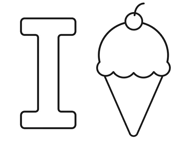 I for Ice Cream black-and-white printable coloring page for Toddler, simple letter-word page with a large ice cream and clear I