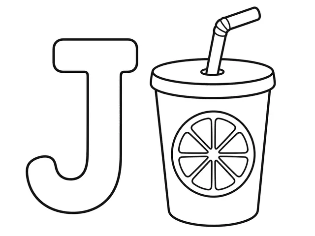 J for Juice black-and-white printable coloring page for Toddler, simple letter-word page with a juice cup and clear J