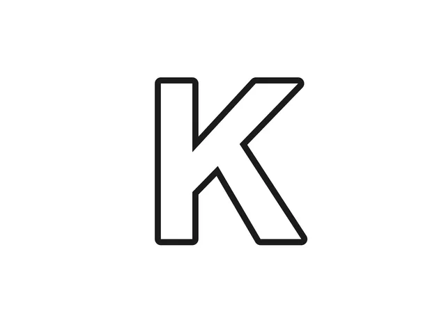 Letter K black-and-white printable coloring page for Toddler, bold letter with a straight side and wide diagonal arms