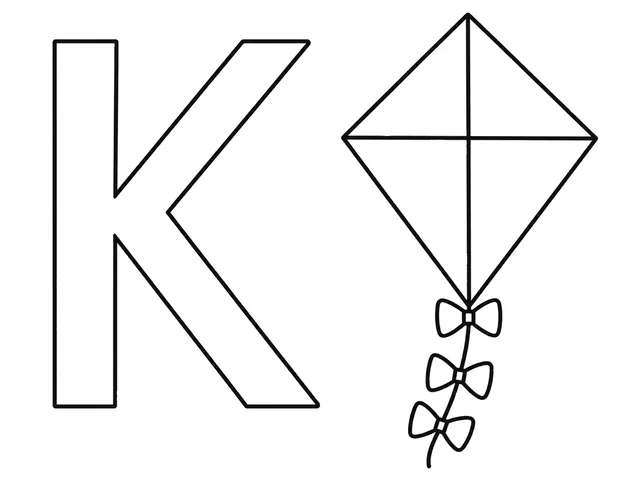 K for Kite black-and-white printable coloring page for Toddler, simple letter-word page with a broad kite and clear K