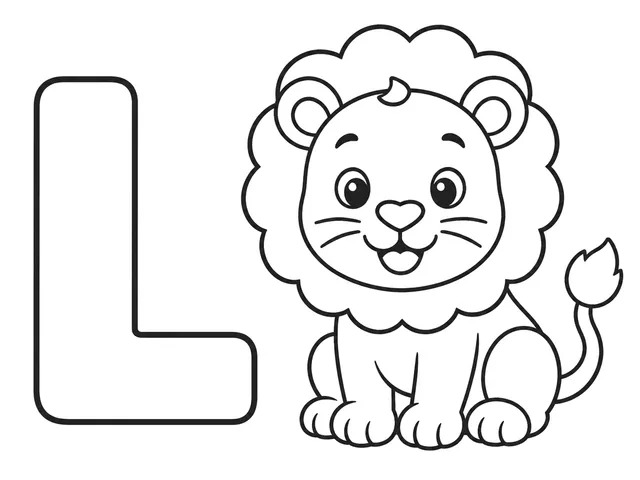 L for Lion black-and-white printable coloring page for Toddler, friendly letter-word page with a simple lion and clear L