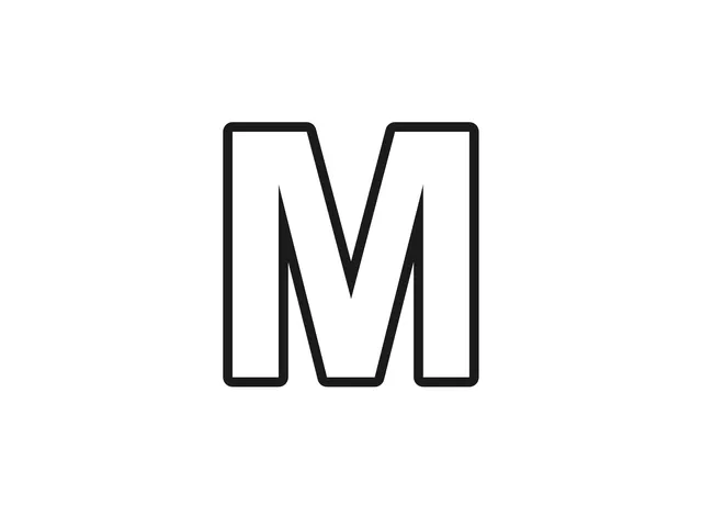 Letter M black-and-white printable coloring page for Toddler, bold letter with tall sides and wide middle points