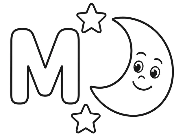 M for Moon black-and-white printable coloring page for Toddler, simple letter-word page with a crescent moon and clear M