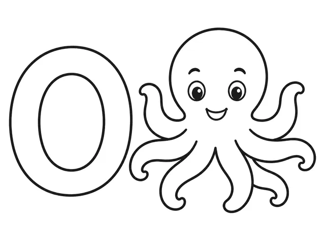 O for Octopus black-and-white printable coloring page for Toddler, friendly letter-word page with an octopus and clear O