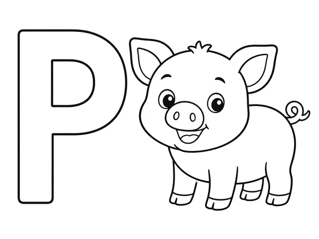 P for Pig black-and-white printable coloring page for Toddler, friendly letter-word page with a simple pig and clear P
