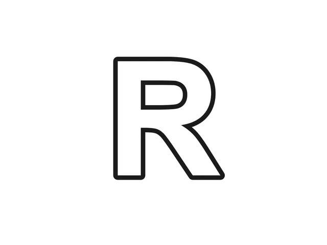 Letter R black-and-white printable coloring page for Toddler, bold letter with a rounded top and broad diagonal leg