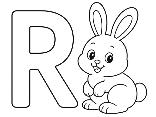 R for Rabbit black-and-white printable coloring page for Toddler, friendly letter-word page with a simple rabbit and clear R