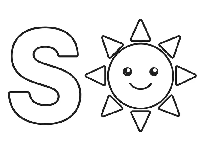 S for Sun black-and-white printable coloring page for Toddler, simple letter-word page with a bright sun and clear S