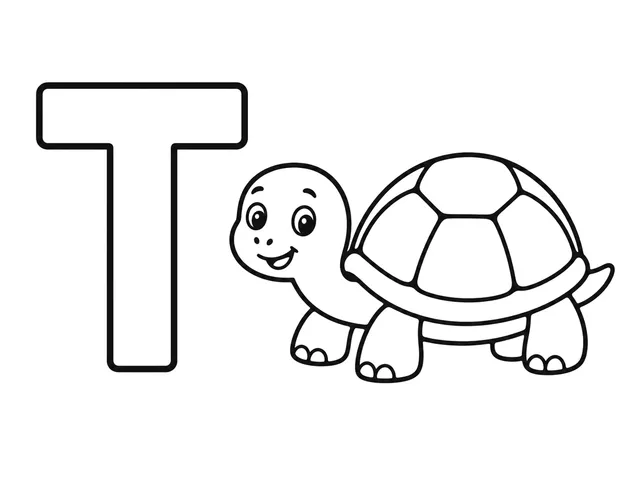 T for Turtle black-and-white printable coloring page for Toddler, friendly letter-word page with a simple turtle and clear T