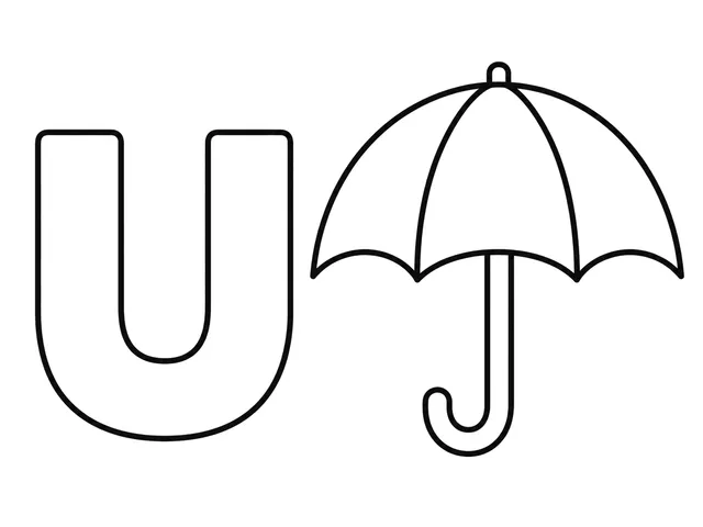 U for Umbrella black-and-white printable coloring page for Toddler, simple letter-word page with an umbrella and clear U