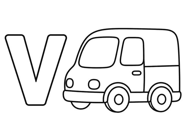 V for Van black-and-white printable coloring page for Toddler, simple letter-word page with a friendly van and clear V