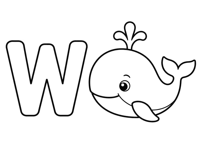 W for Whale black-and-white printable coloring page for Toddler, friendly letter-word page with a simple whale and clear W