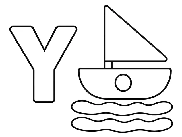 Y for Yacht black-and-white printable coloring page for Toddler, simple letter-word page with a yacht and clear Y
