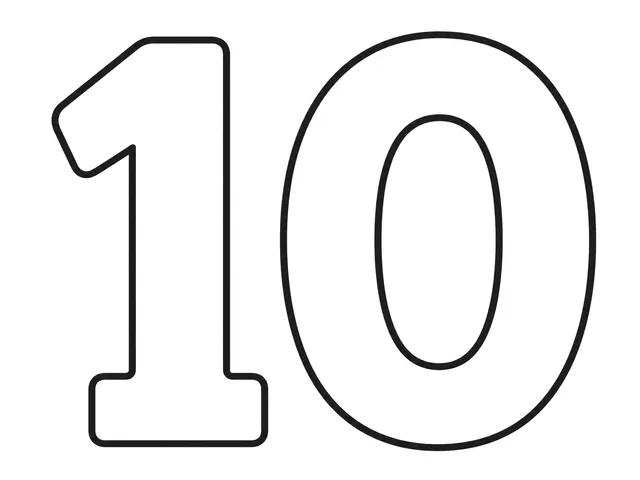Number 10 black-and-white printable coloring page for Toddler, simple two-digit numeral with broad classroom shapes