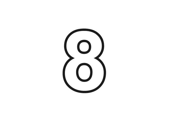 Number 8 black-and-white printable coloring page for Toddler, large numeral with two broad enclosed loops