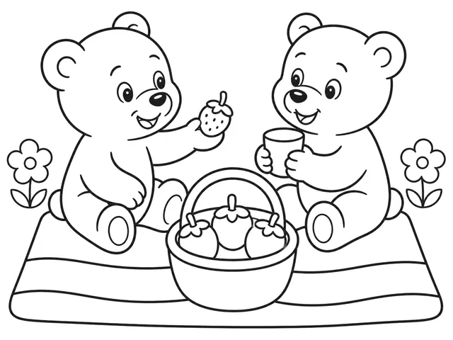 Bear Cub Picnic black-and-white printable coloring page for Preschool, bold outlines and large easy-to-color shapes for a Bear Cub Picnic coloring page