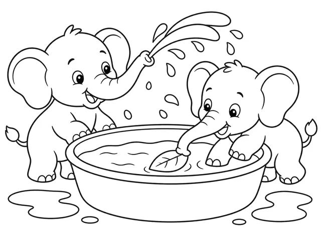 Elephant Water Play black-and-white printable coloring page for Toddler, bold outlines and large easy-to-color shapes for a Elephant Water Play coloring page