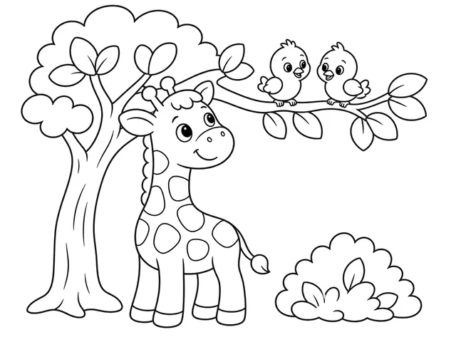 Giraffe and Bird Friends black-and-white printable coloring page for Kids, bold outlines and large easy-to-color shapes for a Giraffe and Bird Friends coloring page