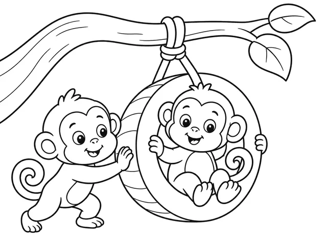 Monkey Tire Swing black-and-white printable coloring page for Preschool, bold outlines and large easy-to-color shapes for a Monkey Tire Swing coloring page