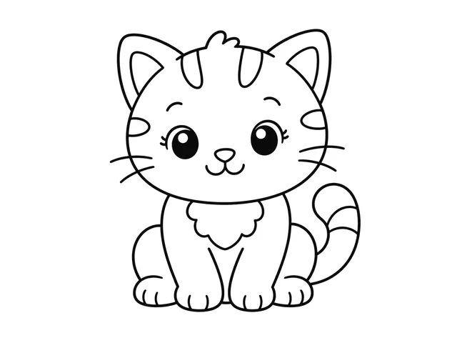 Kitten black-and-white printable coloring page for Toddler, Seated kitten with clear ears, face, paws, and tail.