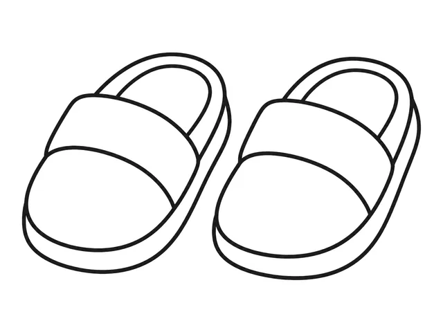 Slippers black-and-white printable coloring page for Toddler, Pair of rounded slippers with open tops.