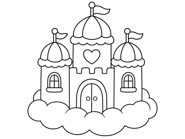 Cloud Castle black-and-white printable coloring page for Toddler, dreamy cloud castle with rounded towers and open shapes
