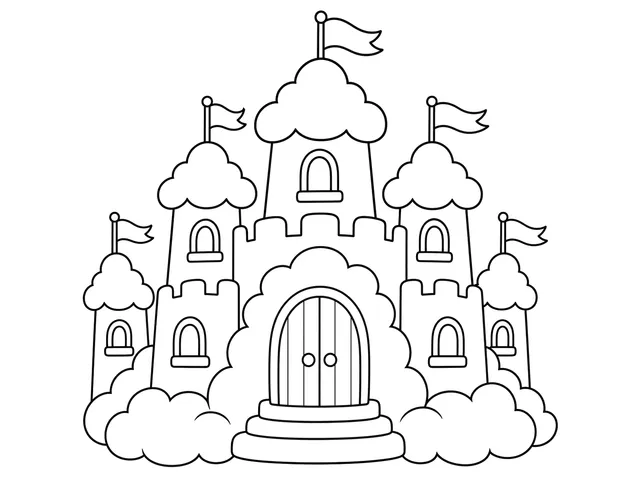 Cloud Castle black-and-white printable coloring page for Toddler, Castle and clouds with large rounded outlines.