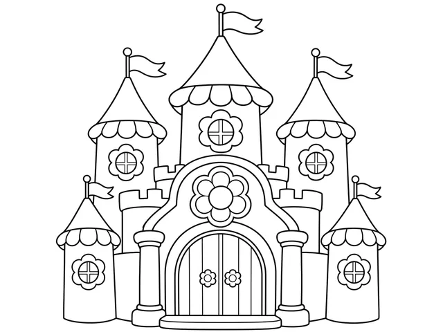 Flower Castle black-and-white printable coloring page for Toddler, Castle decorated with large flowers and broad towers.