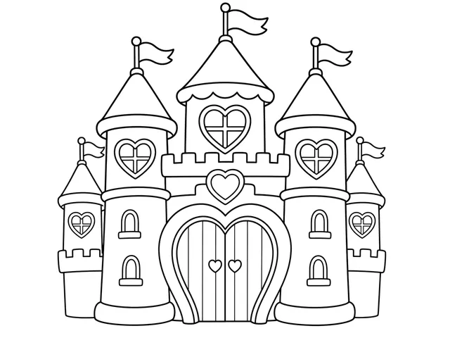Heart Castle black-and-white printable coloring page for Toddler, Castle with heart motifs and clear towers.
